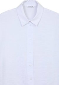 Camicia bianca con bottoni, realizzata in un tessuto texture, con colletto classico e cinque bottoni sul davanti. Etichetta del marchio: Terranova.