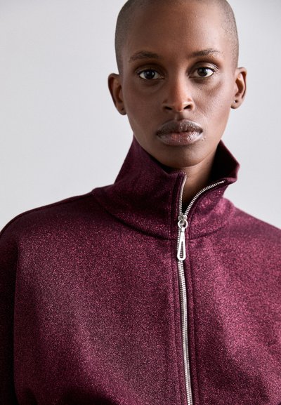 Bordo zip-up striukė su aukštu apykakle, pagaminta iš tekstūruotos, blizgančios medžiagos ir sidabrinių užtrauktuko detalių. Artimas apykaklės vaizdas.