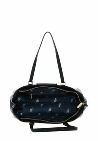 Sac à main noir avec une surface lisse, deux poignées et une fermeture éclair dorée. L'intérieur présente une doublure en tissu foncé avec un motif de logo répété.