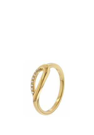 Gold ring with a twisted design featuring a row of small clear gemstones set along one curve.