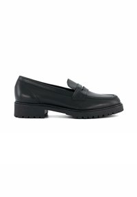 Black leather loafers with a rounded toe, featuring a front strap detail and a thick, textured rubber sole. Simple design, no visible accents.