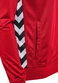 Czerwona sportowa kurtka z bocznym panelem w czarno-białym wzorze chevron oraz widoczną kieszenią z przodu. Gładka tekstura materiału.