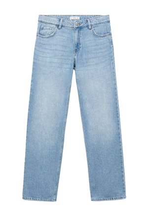Helle blaue Denim-Jeans mit geradem Bein, fünf Taschen und einem vorderen Knopfverschluss. Mit verblasster Textur und Nähedetails.
