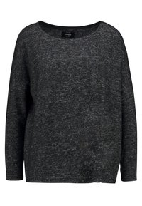 Svart långärmad tröja med avslappnad passform, med rundad halsringning och textil med en lätt melerad struktur.