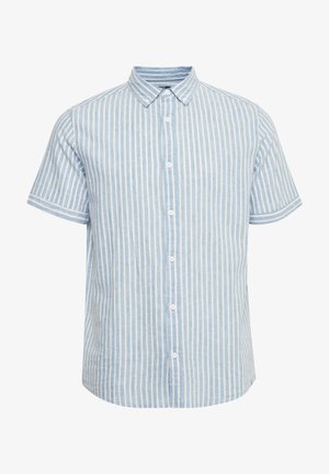 Koszula krótki rękaw, w jasnoniebieskie i białe pionowe paski, z kołnierzykiem i prostym dołem, o miękkiej teksturze.