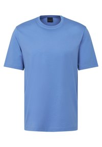 Light blue short-sleeve T-shirt, round neckline, soft texture, and minimal branding on the front. Classic fit with straight hem and seams.