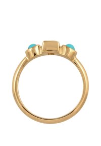Guldring med en slät ring, prydd med en fyrkantig inställning och två turkosa ädelstenar på varje sida.