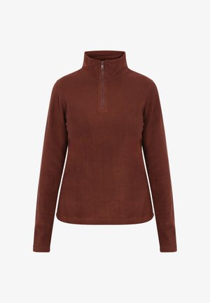 Rudas pūkų puloveris su pusiau užtrauktuku, ilgomis rankovėmis ir lygia textura. Paprastas dizainas be matomų dekoracijų.