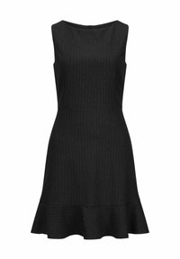 Schwarzes ärmelloses Kleid mit ausgestelltem Saum, das vertikale Nadelstreifen und einen runden Ausschnitt aufweist. Das Material wirkt glatt und strukturiert.