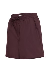 Shorts taille élastique bordeaux foncé avec cordon de serrage et poches latérales, présentés sur fond blanc uni.