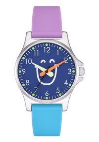 Buntes Armbanduhr mit silbernem Gehäuse, blauem Zifferblatt mit einem lächelnden Gesicht, grünen Stundenmarkierungen und lila und blauen Silikonarmbändern.