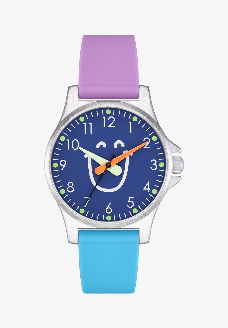 Buntes Armbanduhr mit silbernem Gehäuse, blauem Zifferblatt mit einem lächelnden Gesicht, grünen Stundenmarkierungen und lila und blauen Silikonarmbändern.
