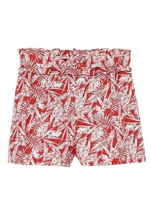 Rote Shorts mit weißem tropischem Blattmuster und einem gesammelten elastischen Bund mit Rüschendetails am oberen Rand.