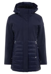 Mörkblå vadderad jacka med en slät ytterlager, vadderad nedre del och en mjuk huva. Har dragkedjeförsedda fickor och minimalistiska metalldetaljer.