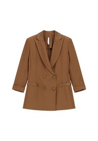 Blazer marrone doppiopetto con rever a punta, maniche lunghe, dettagli con bottoni e tasche frontali a filetto, esposto su sfondo bianco.