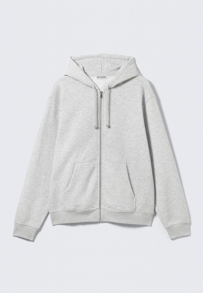 Sweat à capuche zippé gris clair en mélange de coton doux, avec une capuche doublée, des poches avant, et des poignets et ourlet côtelés.