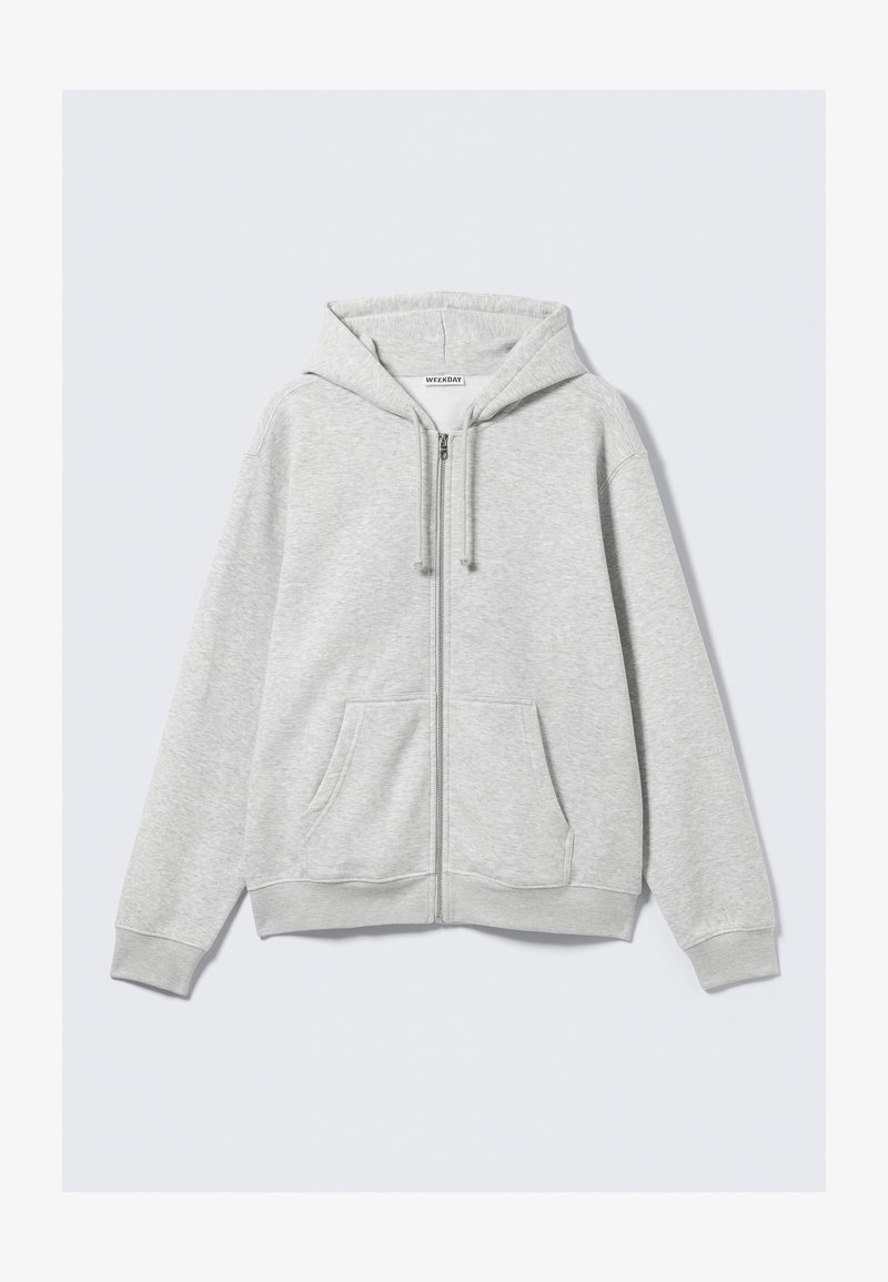 Sweat à capuche zippé gris clair en mélange de coton doux, avec une capuche doublée, des poches avant, et des poignets et ourlet côtelés.