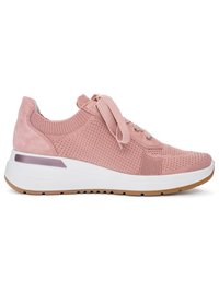 Light pink knit sneaker with thick white sole, large flat laces, and tan rubber outsole, designed for casual wear.