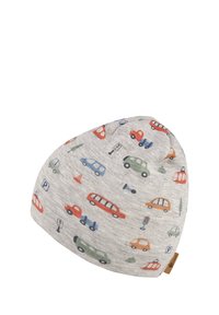 Cotton beanie with a muted gray background. Features a colorful car pattern, including various vehicles and traffic signs.