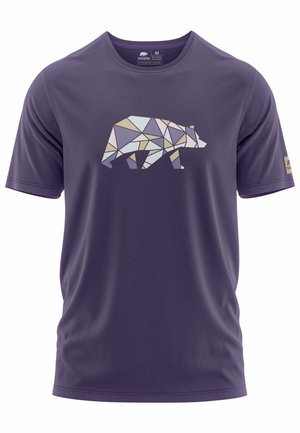 Lila Kurzarm-T-Shirt aus glattem Stoff, mit einem geometrischen Bärenmotiv in hellen Farben auf der Vorderseite. Verstellbarer Halsausschnitt.