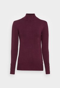 Bordowy golf z teksturą prążkowaną, dopasowanym krojem i guzikami na mankietach. Wykonany z miękkiego, lekkiego materiału.