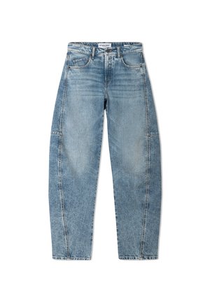Blue straight-leg denim jeans with faded wash, front button and zipper, belt loops, and five pockets, laid flat on a white background.
