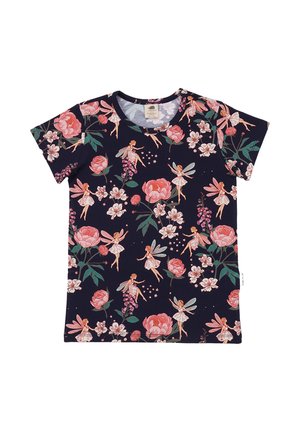 Navy short-sleeve shirt with a pattern of pink fairies, large pink flowers, and green leaves scattered across the fabric.