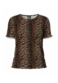 Kortärmad topp med leopardmönster och rund halsringning, tillverkad av mjukt material, med en plisserad struktur och en lätt vågig nederkant.