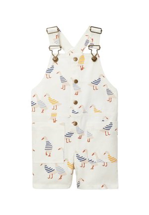 Salopettes blanches pour enfants avec des fermoirs métalliques, des boutons sur le devant et un motif d’oies portant des pulls rayés bleus et jaunes.