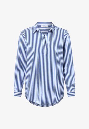 Camicia a maniche lunghe blu e bianca a righe verticali, con collo e pattina frontale senza bottoni.