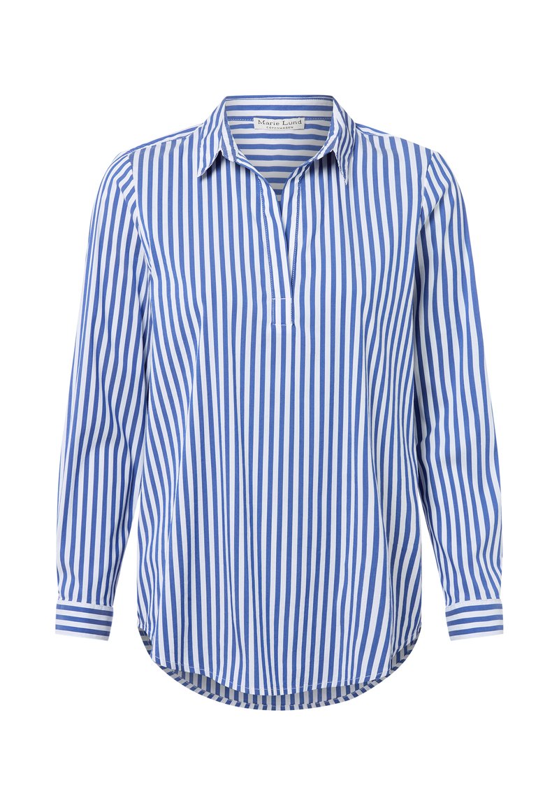 Camicia a maniche lunghe blu e bianca a righe verticali, con collo e pattina frontale senza bottoni.
