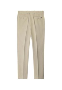 Beige trousers with a straight leg design, made from cotton, featuring dual back pockets with button closures, and belt loops at the waist.