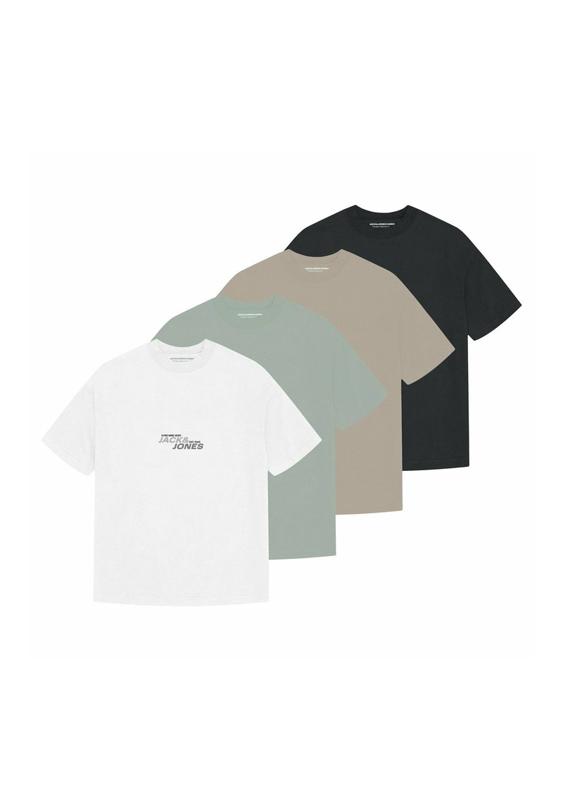 Set aus vier T-Shirts in Weiß, Hellgrün, Beige und Schwarz. Mit Rundhalsausschnitt, kurzen Ärmeln und einem bedruckten Logo auf der Vorderseite.