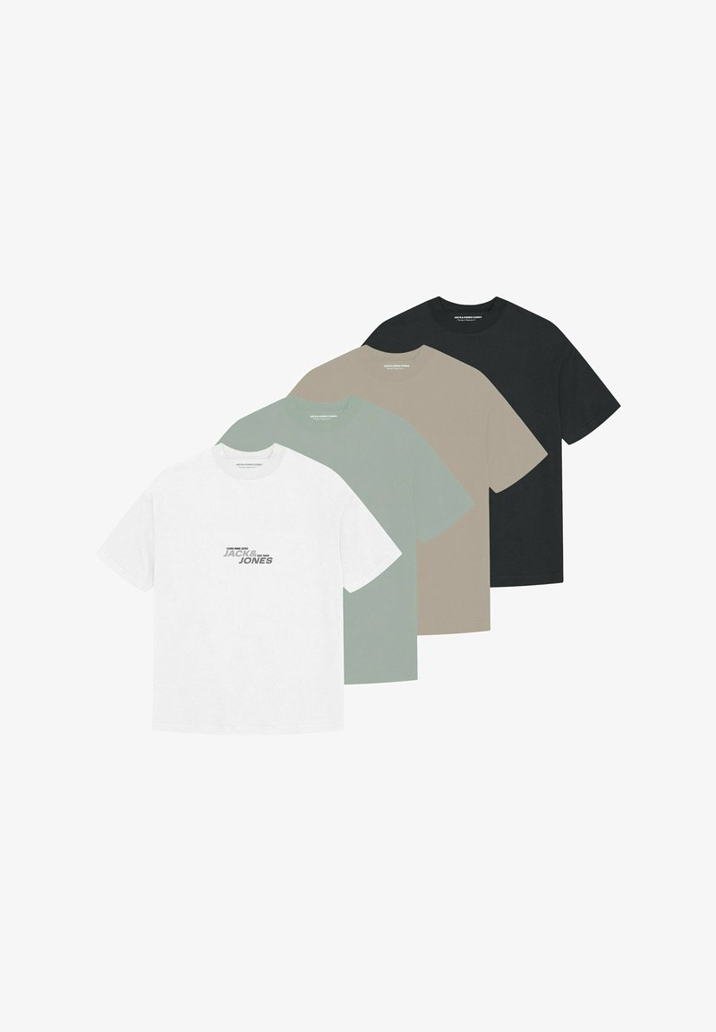 Set aus vier T-Shirts in Weiß, Hellgrün, Beige und Schwarz. Mit Rundhalsausschnitt, kurzen Ärmeln und einem bedruckten Logo auf der Vorderseite.