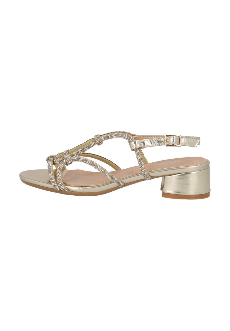 Goldfarbene, metallische Sandalen mit Absatz und geflochtenen Riemen sowie Strassverzierungen. Sie besitzen einen niedrigen Blockabsatz und einen Knöchelriemen für einen sicheren Halt.