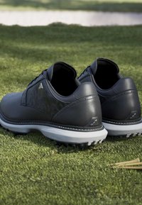 Chaussures de golf noires avec semelles blanches reposant sur l'herbe près de tees en bois à côté d'un obstacle d'eau.