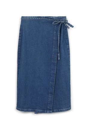 Gonna a portafoglio in denim blu scuro, con chiusura a fiocco in vita, taglio dritto e design di lunghezza media. Tessuto uniforme in tutta la superficie.