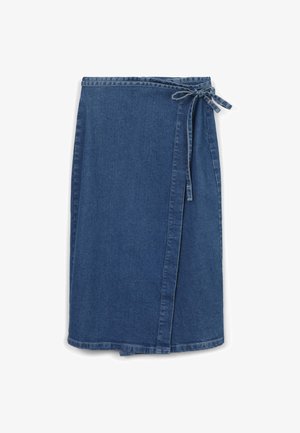 Gonna a portafoglio in denim blu scuro, con chiusura a fiocco in vita, taglio dritto e design di lunghezza media. Tessuto uniforme in tutta la superficie.