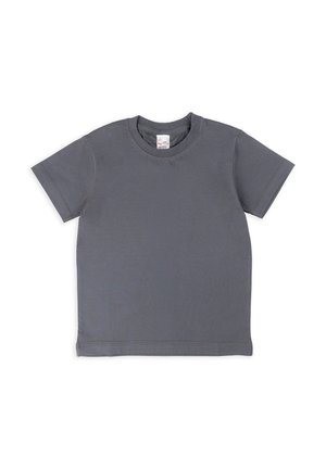 Prosty, ciemnoszary t-shirt z krótkim rękawem i okrągłym dekoltem, leżący na płasko z widocznymi szwami oraz białą metką z rozmiarem wewnątrz kołnierza.