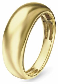 Guldvigselring, med en slät och rundad design, som har en polerad yta med subtila inre utskärningar för komfort.