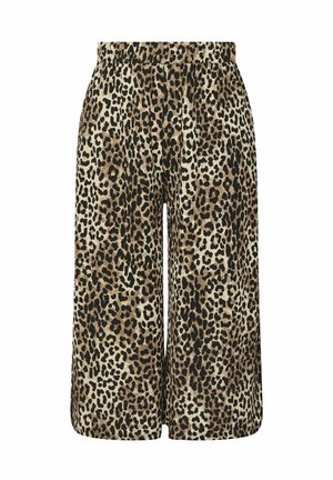 Culottes en imprimé léopard avec une taille élastique, fabriquées dans un tissu doux. Le design présente une base beige avec des taches noires et marron.