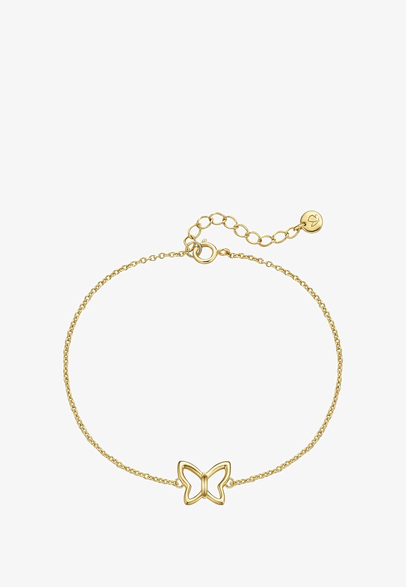 Auksinis apyrankė su drugeliu formos pakabuku, sujungta plona grandinėlė, reguliuojamu užsegimu ir mažu ženkliuku. Lygus paviršius, minimalistinis dizainas.