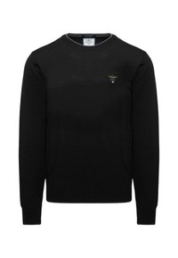 Maglione nero con scollo rotondo e maniche lunghe. La parte frontale presenta un piccolo logo ricamato con accenti bicolore. Tessuto dalla trama liscia.