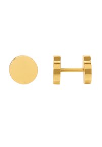 Orecchini in metallo dorato con un perno rotondo dalla superficie liscia e un design a bilanciere che collega due accentuazioni cilindriche.