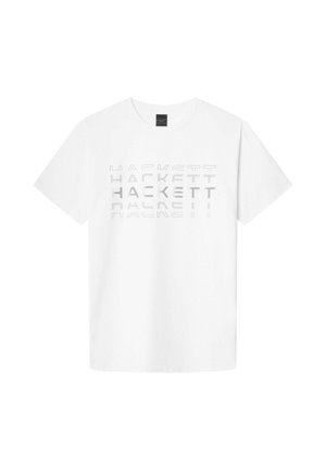 Bílý bavlněný tričko s texturovaným, reflexním designem s opakovaným brandingem "HACKETT" vpředu. Krátké rukávy, kulatý límec.