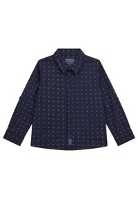 Camicia a maniche lunghe navy in cotone con colletto button-down, caratterizzata da un motivo geometrico e da un piccolo etichetta del brand sull'orlo.