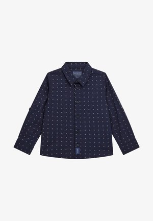 Camicia a maniche lunghe navy in cotone con colletto button-down, caratterizzata da un motivo geometrico e da un piccolo etichetta del brand sull'orlo.