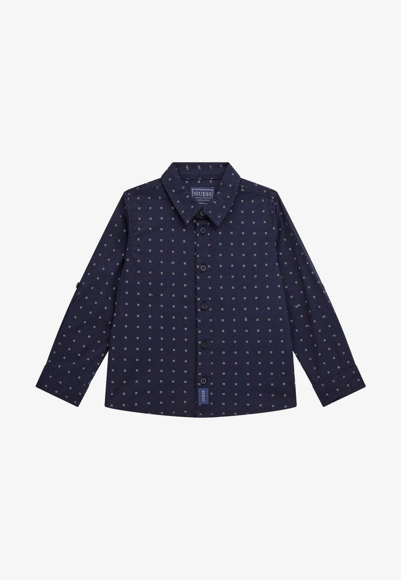 Camicia a maniche lunghe navy in cotone con colletto button-down, caratterizzata da un motivo geometrico e da un piccolo etichetta del brand sull'orlo.