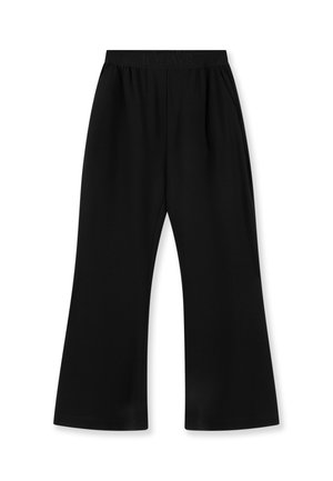Pantalon noir à jambes larges avec ceinture élastique, tissu lisse, sans poches visibles ni ornements, posé à plat sur fond blanc.