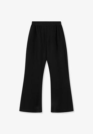 Pantalon noir à jambes larges avec ceinture élastique, tissu lisse, sans poches visibles ni ornements, posé à plat sur fond blanc.